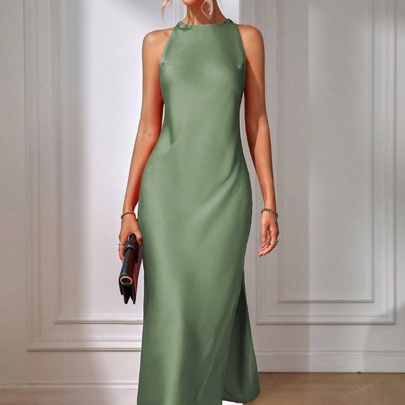 . Dresses & Skirts - Green Preppy Womens Solid Split Thigh Dress